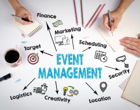 Event management Concept. The meeting at the white office table.